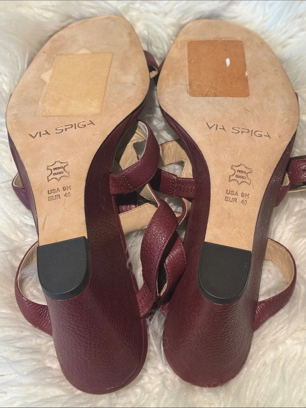 Via Spiga Burgundy Leather Strappy Wedge Sandals Sz 9